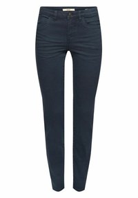 Jean slim bleu marine avec fermeture avant à boutons et zip, poches avant et arrière, et passants pour ceinture, présenté à plat sur fond blanc.