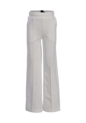 White high-waist trousers with wide legs and vertical seam details, elastic waistband, displayed against a plain background.
