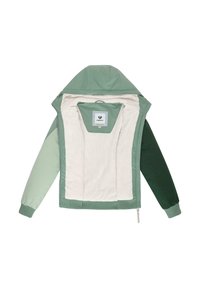 Veste à capuche verte avec un intérieur beige doux. Présente un design en blocs de couleurs, des poignets côtelés et une fermeture éclair. Étiquette intérieure visible.