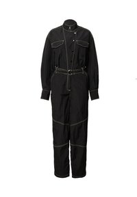Schwarzer Jumpsuit mit Stehkragen, vorderen Knöpfen, zwei Brusttaschen und tailliertem Design. Verfügt über kontrastierende weiße Nähte und weit geschnittene Beine.