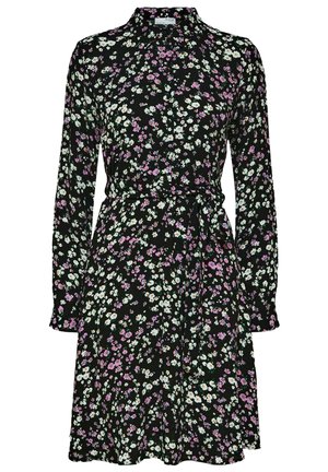 Rochie neagră cu imprimeu floral, cu mâneci lungi, guler și talie evidențiată printr-un cordon. Materialul are un model cu mici flori roz, albe și verzi.