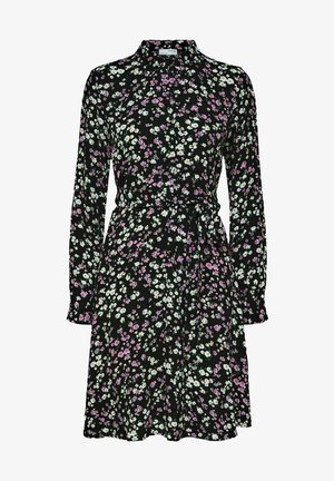 Black floral dress featuring long sleeves, a collar, and a belted waist. The fabric displays small pink, white, and green flowers.