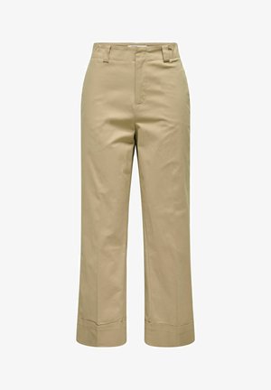 Pantaloni beige a vita alta, gamba dritta e taglio corto, con passanti per cintura e chiusura frontale con cerniera.
