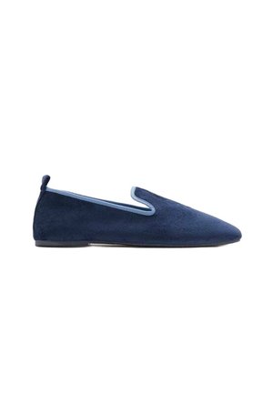 Navy blue suede loafers with a pointed toe, featuring light blue trim along the opening and a small back tab for easy wear.