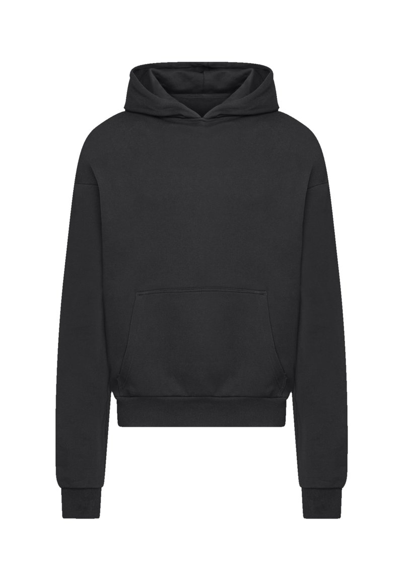 Schwarzer Kapuzenpullover mit Fronttasche, gerippten Bündchen und Saum, mit entspannter Passform und weichem Stoffgefühl.