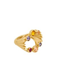 Gold ring featuring a wavy design with six multi-colored gemstones: yellow, orange, pink, purple. Smooth texture, polished finish.