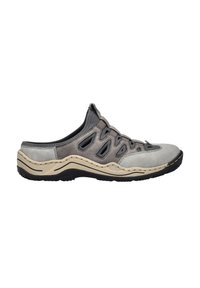 Grey slip-on shoe featuring a combination of suede and leather materials, textured sole, and mesh cutouts for breathability.