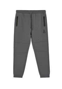 Szare spodnie sportowe o tapered fit, z dwiema kieszeniami na zamek i ści�ągaczami przy kostkach. Posiadają przeszywane panele oraz logo na biodrze.