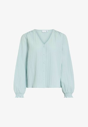 Lichtblauwe blouse met lange mouwen, een V-hals, knoopsluiting aan de voorkant en geplooide textuur. Elastische manchetten en eenvoudige designdetails verhogen de veelzijdigheid.