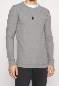 Szara, długosleeve koszulka wykonana z miękkiego materiału, z okrągłym dekoltem, dopasowanym krojem i subtelnymi detalami przeszycia. Noszona na białej koszulce.