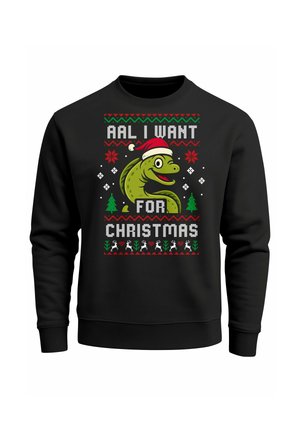 Schwarzer Sweatshirt mit einem Cartoon grünen Aal, der eine Weihnachtsmütze trägt, mit weißem und buntem, festlichem Text und Dekorationen.
