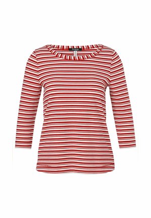 Haut à manches longues rayé rouge et blanc avec un col rond et une texture douce. Présente des rayures horizontales régulièrement espacées et une coupe décontractée.