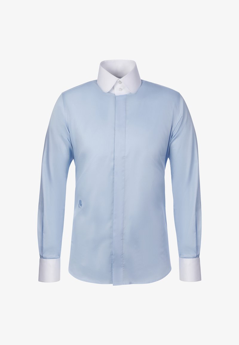 Light blue long-sleeve dress shirt with white collar and cuffs, front concealed buttons, and fitted cut.