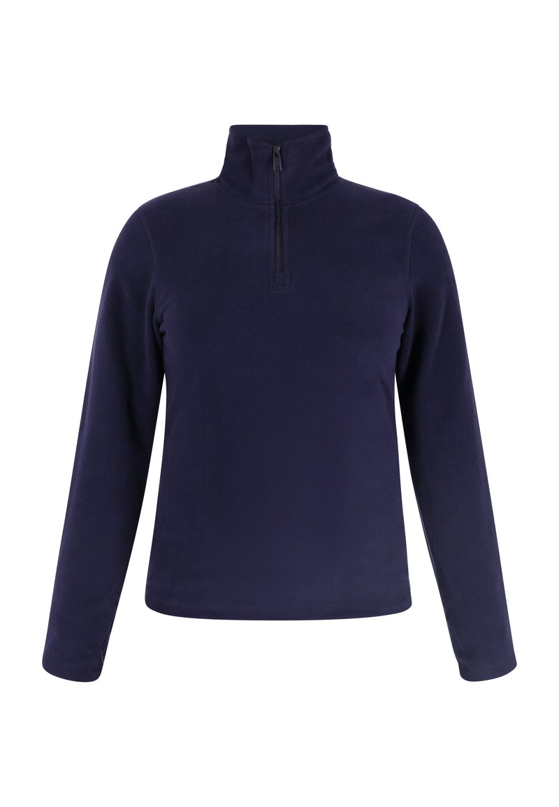 Pullover in pile di colore blu navy con collo a zip quarti, maniche lunghe e una texture liscia. Nessun motivo o accento visibile.