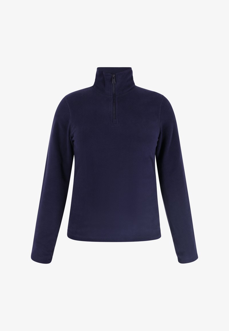 Pullover in pile di colore blu navy con collo a zip quarti, maniche lunghe e una texture liscia. Nessun motivo o accento visibile.