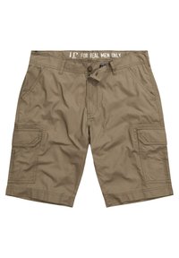 Khaki cargo šortky vyrobené z lehkých materiálů, obsahující několik bočních kapes, zapínání na knoflík a značkový pas.