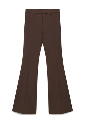 Pantalon femme marron taille haute avec passants de ceinture, fermeture par bouton et jambes larges évasées, posé à plat sur fond blanc.