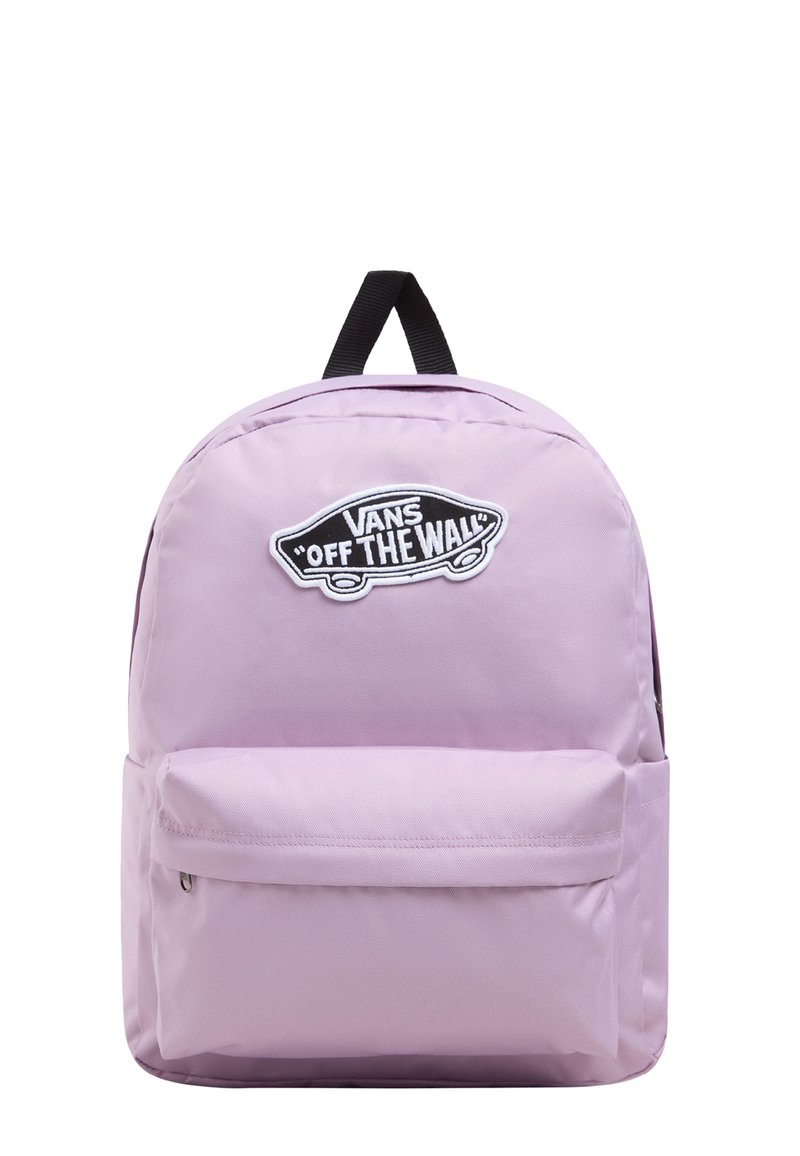 Zaino viola chiaro realizzato in tessuto resistente, con una tasca anteriore e un patch del logo Vans nero. Include spalline regolabili.