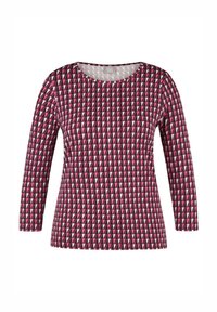 Langärmliges Oberteil mit geometrischem Muster aus pinken und schwarzen Dreiecken, aus weichem Stoff mit rundem Halsausschnitt.