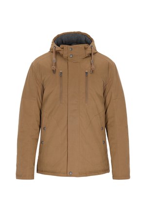 Jachetă izolată maro cu glugă, cu buzunare pe piept cu fermoar și sistem de prindere lateral. Textură netedă cu căptușeală gri contrastantă.