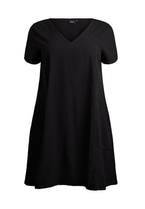 Black short-sleeve dress with a V-neck, made from textured fabric, featuring a loose fit and two side pockets. Round hemline design.