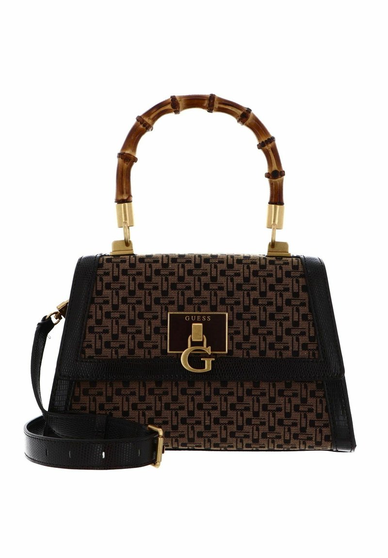 Sac à main marron à motif avec un cadre noir. Il comprend une poignée en bambou, une quincaillerie dorée et une bandoulière amovible pour plus de polyvalence.