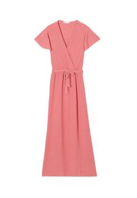 Robe enveloppante rose avec des manches courtes, une taille à nouer et une longueur au sol. Fabriquée en tissu léger avec une finition texturée.