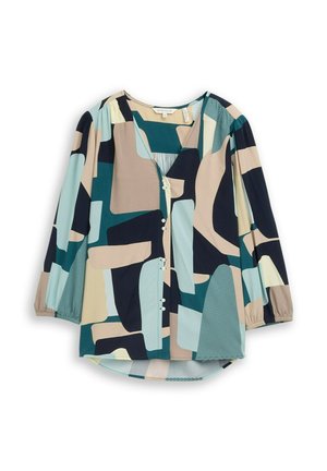 Blouse boutonnée à manches longues, avec un motif abstrait géométrique en tons de teal, beige, noir et bleu clair.