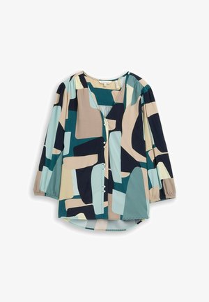 Bluzka na guziki z długimi rękawami, z geometrycznym, abstrakcyjnym wzorem w odcieniach turkusu, beżu, czerni i jasnoniebieskiego.