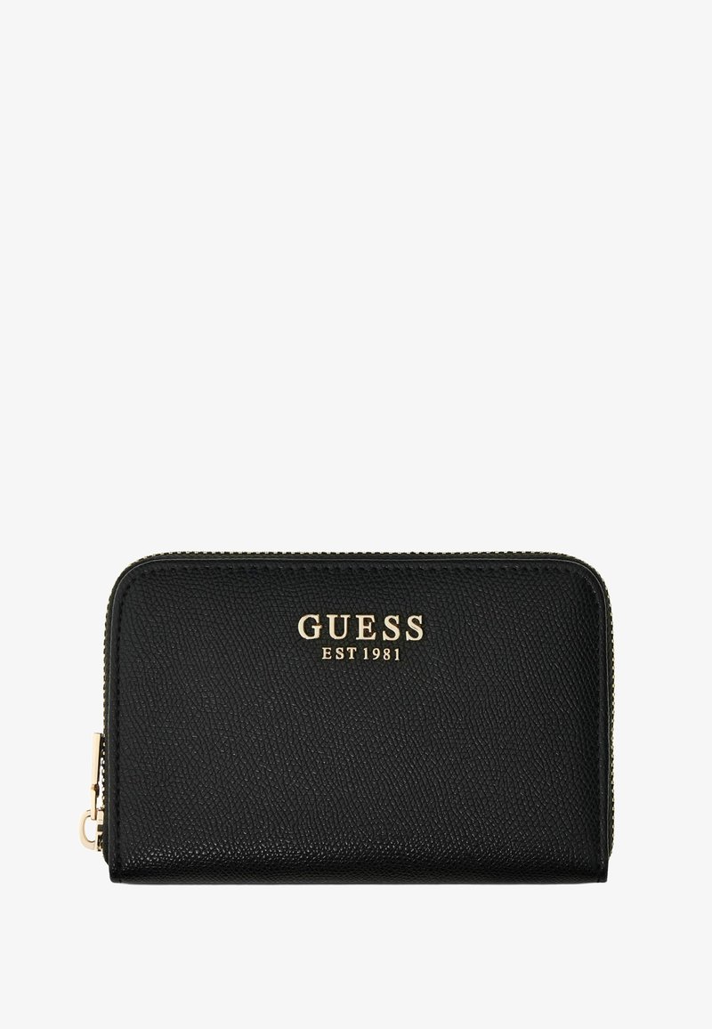 Portefeuille noir texturé avec fermeture éclair dorée faisant le tour et logo GUESS EST 1981 embossé en doré au centre avant.