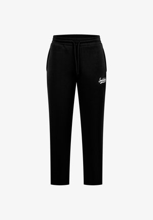 Pantaloni da tuta neri con vita elasticizzata, cordino e tasche laterali. Presentano un logo bianco sulla coscia sinistra. Tessuto morbido.