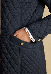 Hand in pocket of dark quilted jacket with gold snap buttons and white cuff peek from sleeve.