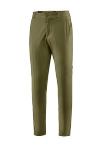 Pantaloni verde oliva realizzati in tessuto liscio, caratterizzati da una vestibilità slim, tasche laterali e chiusura con bottone, dotati di passanti per cintura su una vita piatta.