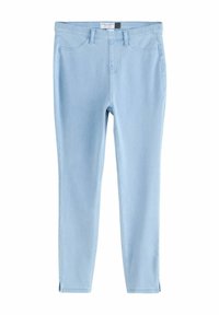 Leggings din denim de culoare bleu deschis, cu o croială slim, ce au talie medie, două buzunare frontale și fante la gleznă pentru un plus de detaliu.