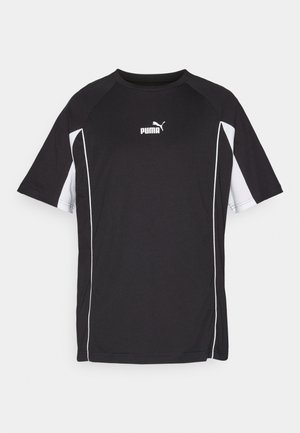 Tricou sport negru cu mâneci scurte, cu accente albe și un logo. Fabricat dintr-un material ușor și respirabil.