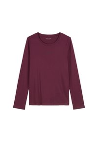 Camisa de manga larga, cuello redondo en color burdeos con pequeño logotipo de la marca impreso centrado debajo del escote en la parte delantera.