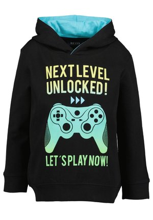 Felpa con cappuccio nera da bambino con interno del cappuccio blu, con grafica di un controller di gioco turchese e testo "Livello Successivo Sbloccato! Giochiamo Ora!"