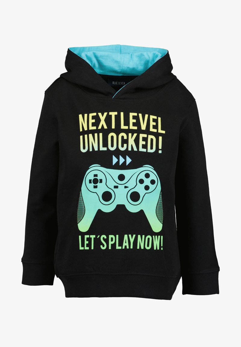 Sweat à capuche pour enfants noir avec intérieur de la capuche bleu, arborant un graphisme de manette de jeu turquoise et le texte "Niveau suivant débloqué ! Jouons maintenant !"