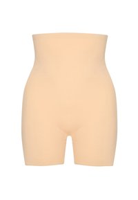 Shorts modellanti beige senza cuciture, di lunghezza a metà coscia, realizzati in tessuto elasticizzato e liscio. Presentano un design a vita alta per supporto e comfort.