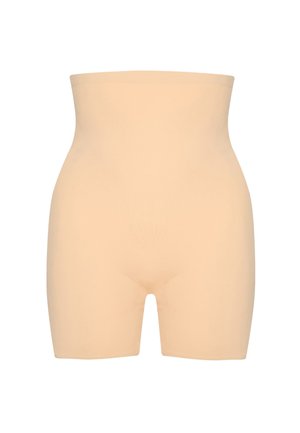 Shorts de façonnage beige sans couture, de longueur mi-cuisse, fabriqués en tissu extensible et lisse. Avec une taille haute pour un soutien et un confort optimaux.