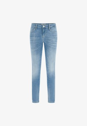 Gai zili džinsi, izgatavoti no denim, ar gludu tekstūru, standartizēta josta, jostu cilpas un klasisko piecu kabatu dizainu.