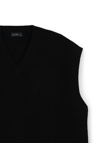 Schwarze ärmellose Strickweste mit V-Ausschnitt. Verfügt über gerippte Akzente am Kragen und an den Armlöchern. Hergestellt aus einer glatten, weichen Textur.