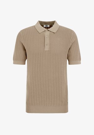 Bēšas krāsas īsroku adīta polo krekls ar teksturētu vertikālu rakstu, apkakli un trīs pogu aizdari.