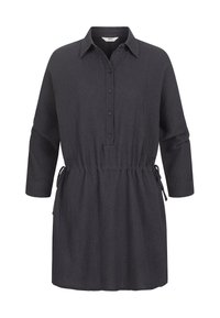 Tumehall shirt-dress, mis on nööbitav, kraega, kolmeveerand-sleeves'iga, stringide vöökohaga ja tekstuurse kangaga.