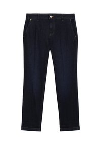 Jeans de mezclilla azul oscuro con un corte recto. Las características incluyen un cierre de botón, cinco bolsillos y un detalle de costura sutil.