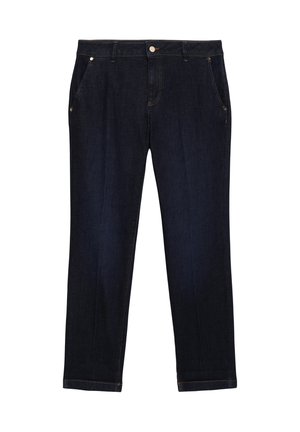 Jean en denim bleu foncé à coupe droite. Les caractéristiques incluent une fermeture à bouton, cinq poches et des détails de couture subtils.