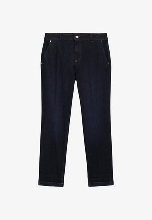 Dunkelblaue Denim-Jeans mit geradem Bein. Zu den Eigenschaften gehören ein Knopfverschluss, fünf Taschen und dezente Nähtdetails.