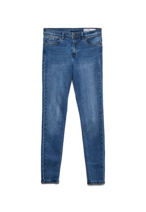 Blauwe slim-fit denim jeans met voorzakken, knoopsluiting en riemlussen, plat gelegd op een witte achtergrond.