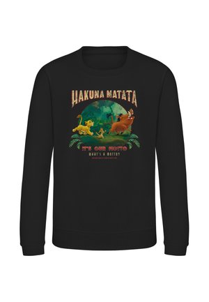 Czarna bluza z postaciami z Króla Lwa: Simba, Timon i Pumbaa spacerujący po dżungli z tekstem "Hakuna Matata It's Our Motto."