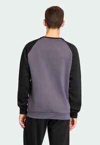 Sivá a čierna mikina s lodičkovým výstrihom a raglánovými rukávmi, hladká textúra a rebrované manžety. Navrhnutá pre pohodlie a slobodu pohybu.